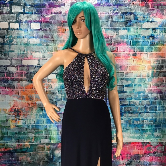 JOVANI Navy Beaded High Slit Halter Gown! #JP48849 - Picture 3 of 8